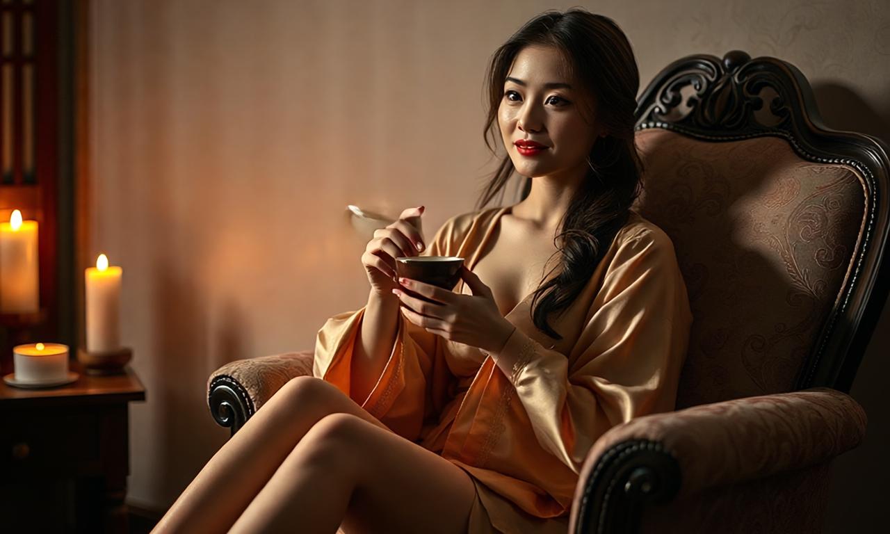 在一间昏暗的房间里，一个来自中国的美女坐在一张柔软的绣花靠椅上，穿着轻薄的丝质长袍，半遮半掩，隐约露出修长的双腿和精致的锁骨。她的头发松散地披在肩上，微微卷曲，几缕发丝随意地垂落在脸颊旁，为她增添了一份慵懒的美。她手中捧着一杯温热的茶，轻轻吹拂，脸上露出安静的微笑，眼神带着一丝迷离，仿佛沉浸在自己的世界里。周围只有几缕柔和的烛光，将她的身影映照在墙上，光影变幻中，房间充满了温馨而私密的氛围，让人忍不住想要靠近。穿着泳衣